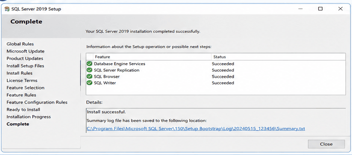 SQL Server 2019 installation completed successfully setup window